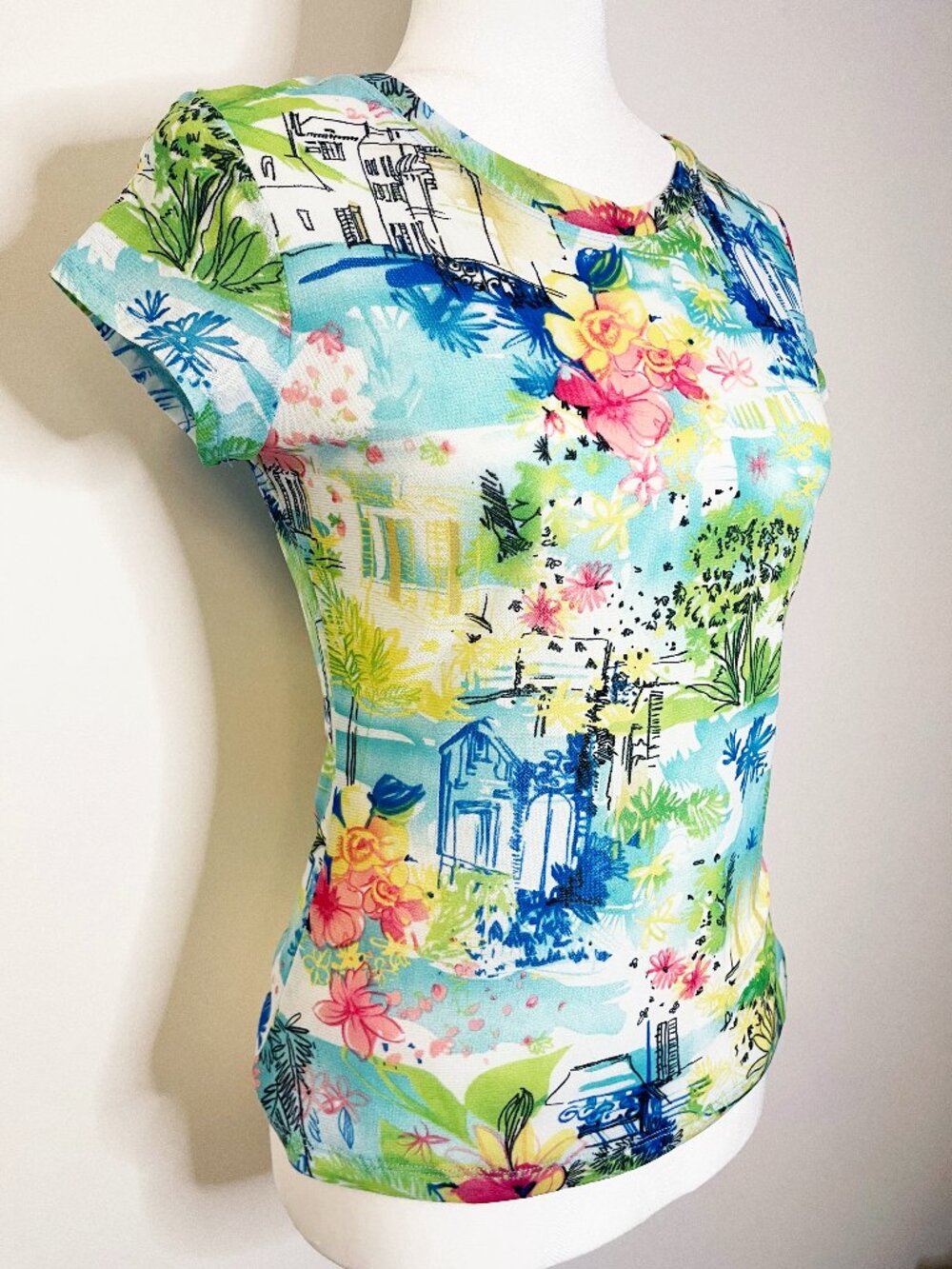George Tropical Floral Scenic Print Top Small 4/6 Short Sleeve Y2K Coastal
